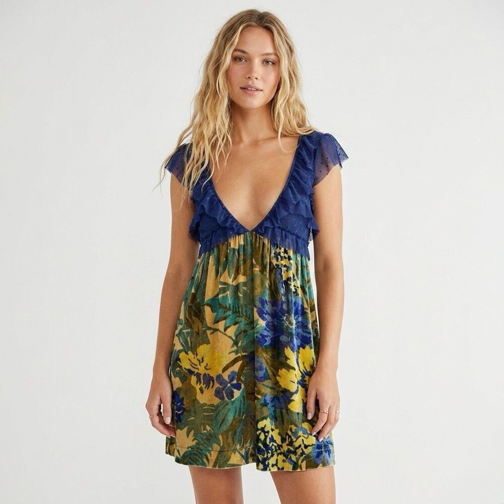 Free People Floral Burnout Velvet Babydoll Dress Whimsigoth Fairycore Medium